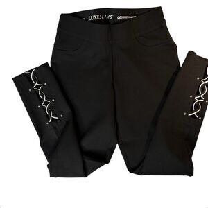 LUXE SLIMS Women's Leggings Black Sz MEDIUM Lace Rhinestone Detail Luxe Scuba